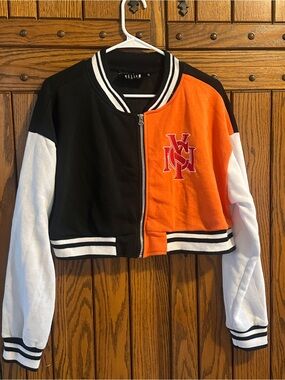 Colorblock Varsity Cropped Jacket - Black, Orange & White